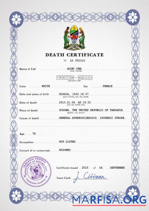 Downloadable Tanzania vital record death certificate PSD template